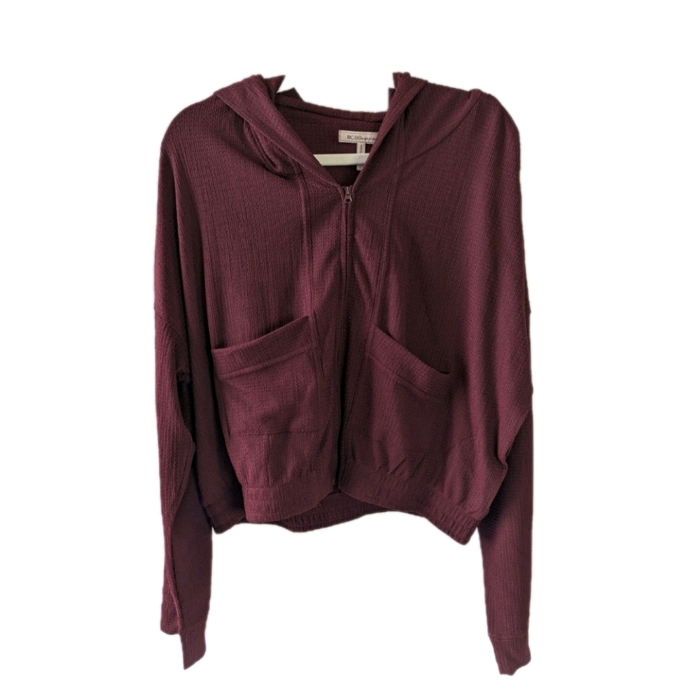 BCBGeneration Women's XL Waffle Knit Crop Zip-Up Hoodie Wine NWT